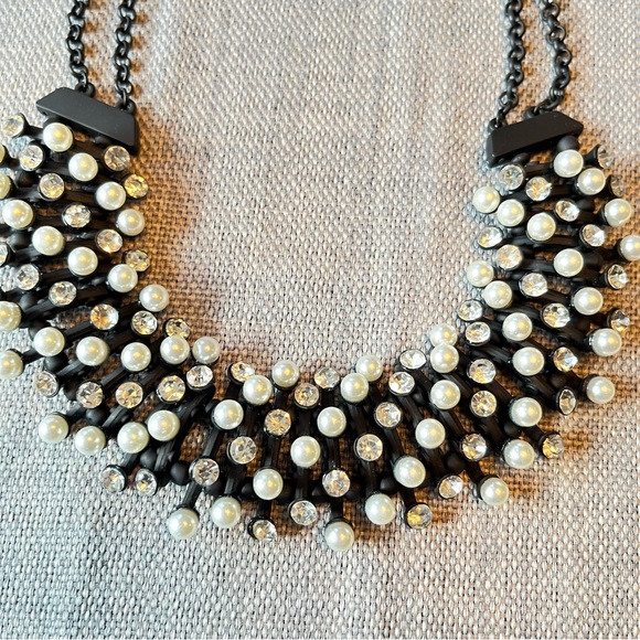 Egyptian Revival Bib Collar Necklace Faux Pearl & Gem Stone Pin Cushion Necklace - Picture 8 of 13